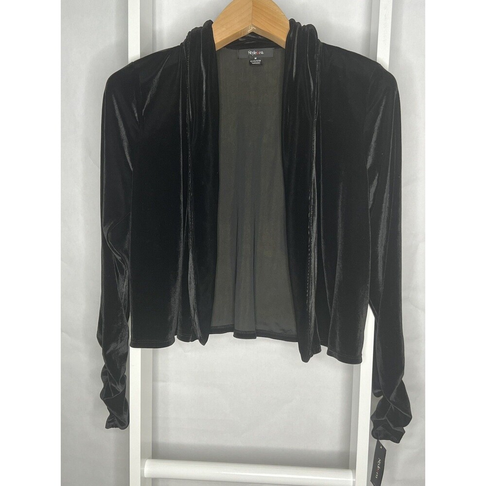 Style & Co Velvet Cardigan Womens Medium Black Scrunched Sleeves New